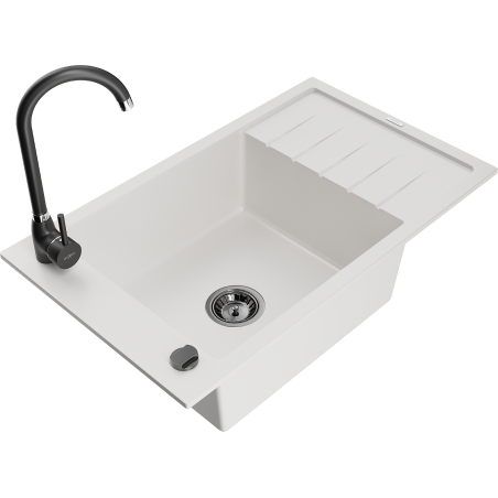 Mexen Elias granite kitchen sink 1-bowl with drainer and Telma kitchen faucet, white - 6511-20-670200-70