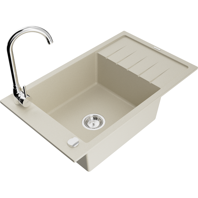 Mexen Elias granieten spoelbak 1-komerig met afdruiprek en Telma keukenkraan, beige - 6511-69-670200-00