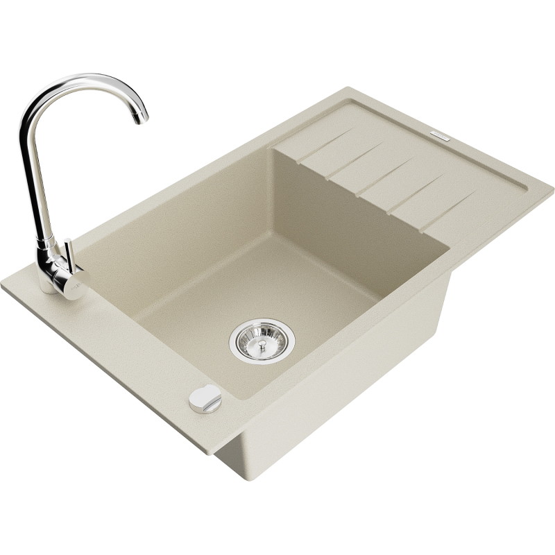 Mexen Elias granitische gootsteen met 1 bak, afdruiprek en keukenkraan Telma, beige - 6511-69-670200-00