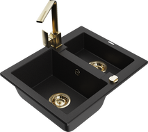 Mexen Carlos granite sink 1.5-bowl with Rita kitchen tap, black - 6518-77-670300-50