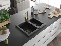 Mexen Carlos Granite Sink 1.5 Bowl with Rita Kitchen Tap, Black - 6518-77-670300-50-B