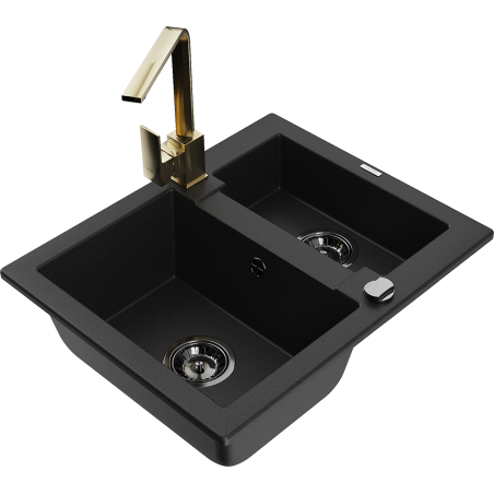 Mexen Carlos granīta izlietne ar 1,5 nodalījumiem un virtuves bateriju Rita, melna - 6518-77-670300-50-B
