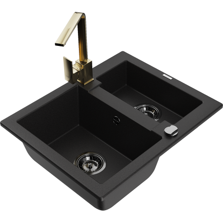 Mexen Carlos Granite Sink 1.5 Bowl with Rita Kitchen Tap, Black - 6518-77-670300-50-B
