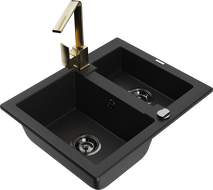 Mexen Carlos Granite Sink 1.5 Bowl with Rita Kitchen Tap, Black - 6518-77-670300-50-B