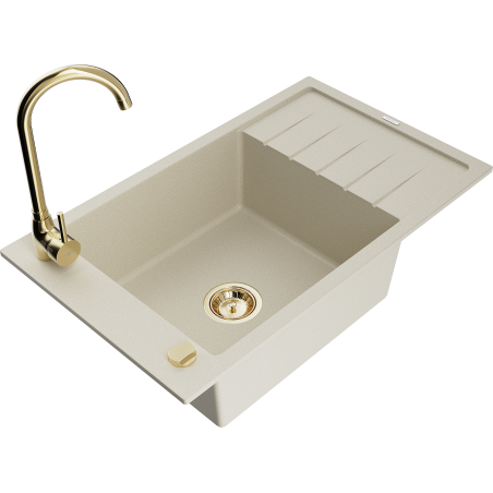 Mexen Elias 1-bowl granite sink with drainer, Telma kitchen tap, beige - 6511-69-670200-50
