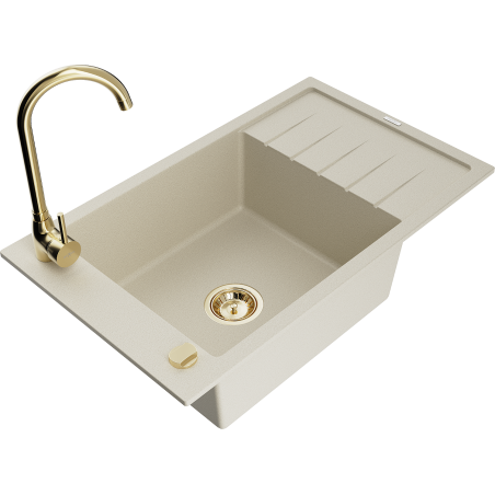 Mexen Elias évier en granit 1 cuve avec égouttoir et robinet de cuisine Telma, beige - 6511-69-670200-50