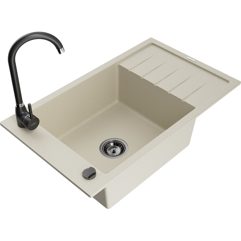 Mexen Elias évier en granit 1 cuve avec égouttoir et robinet de cuisine Telma, beige - 6511-69-670200-70