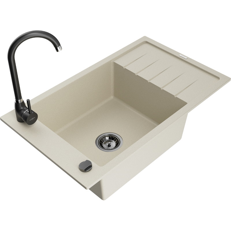Mexen Elias granitspüle 1-becken mit abtropffläche und küchenarmatur Telma, beige - 6511-69-670200-70