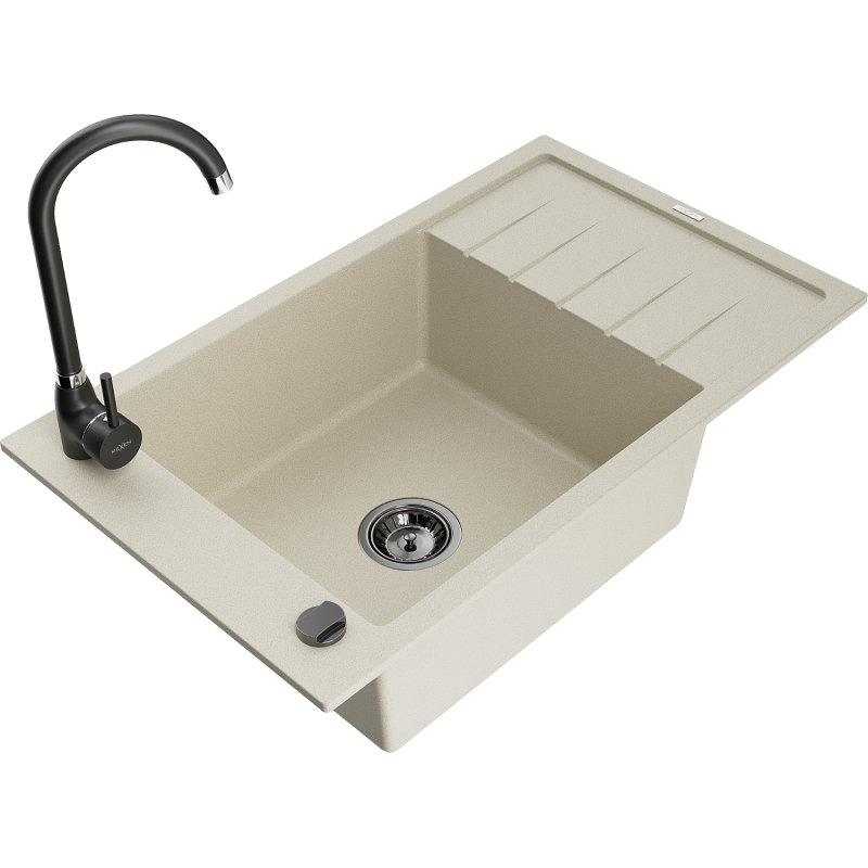 Mexen Elias Granitspüle 1-beckig mit Abtropffläche und Küchenarmatur Telma, beige - 6511-69-670200-70