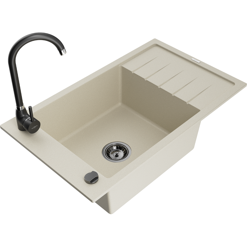 Mexen Elias lava-loiça de granito 1-cuba com escorredor e torneira de cozinha Telma, bege - 6511-69-670200-70