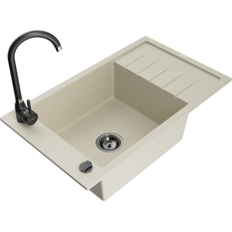 Mexen Elias granieten gootsteen 1-komors met afdruiprek en keukenkraan Telma, beige - 6511-69-670200-70