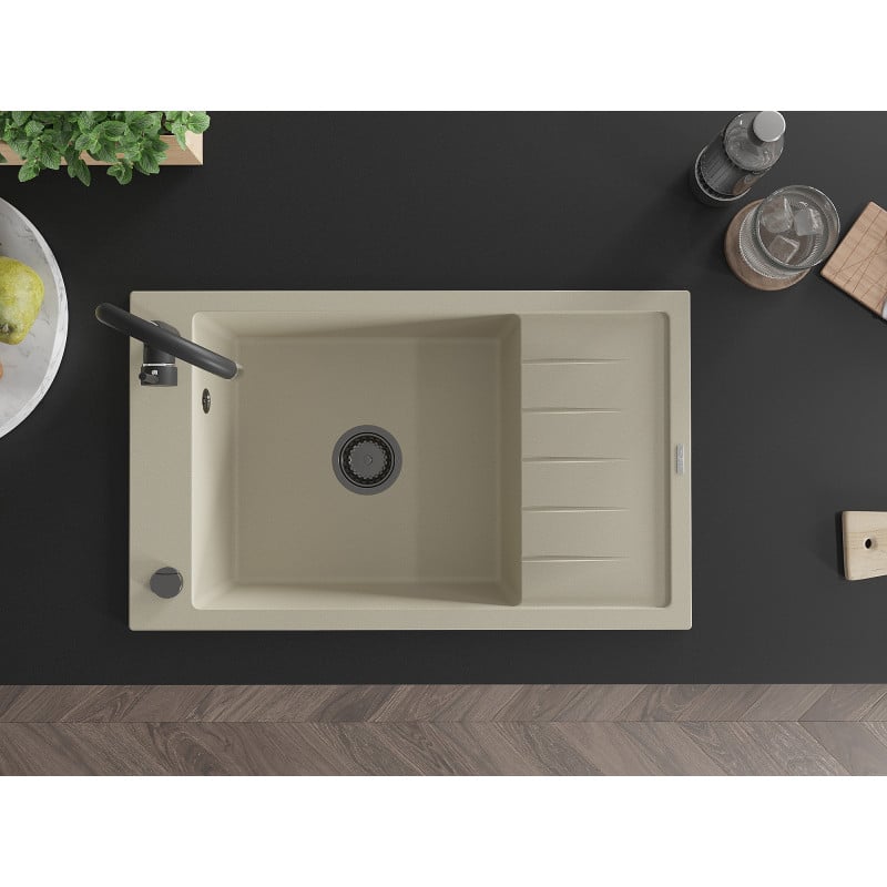 Mexen Elias 1-bowl granite sink with drainer and Telma kitchen tap, beige - 6511-69-670200-70