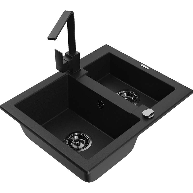 Mexen Carlos granite sink 1.5-bowl with Rita kitchen tap, black - 6518-77-670300-70-B