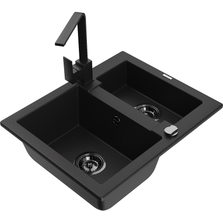 Mexen Carlos granite sink 1.5-bowl with Rita kitchen tap, black - 6518-77-670300-70-B