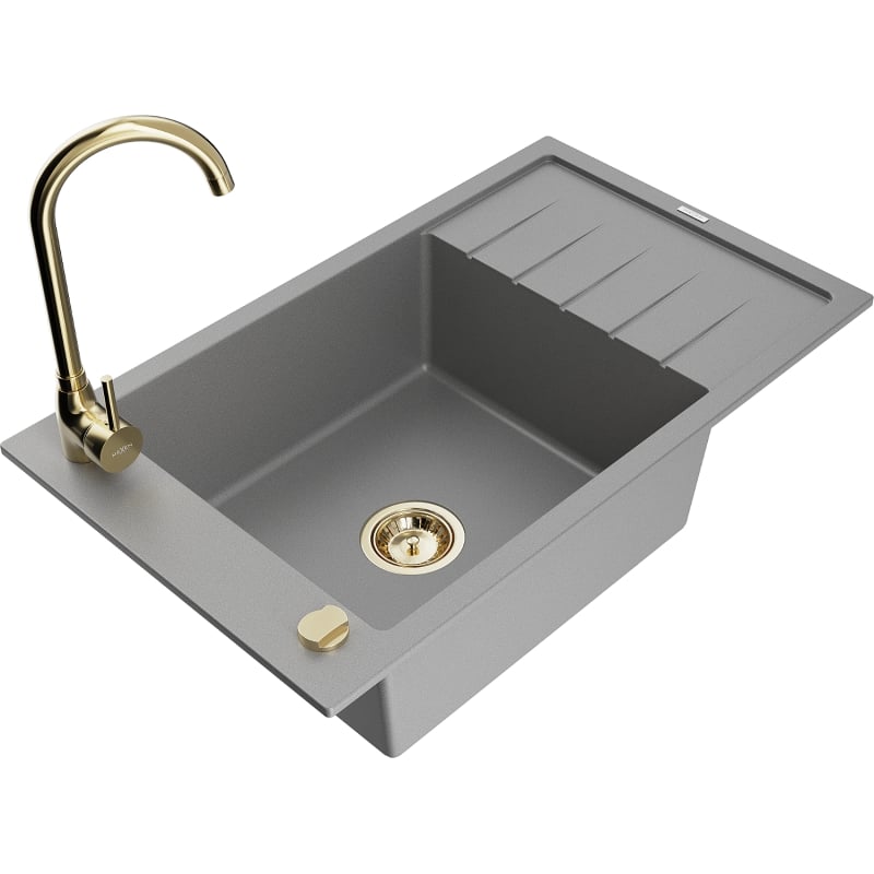 Mexen Elias 1-bowl granite sink with drainer and Telma kitchen faucet, gray - 6511-71-670200-50
