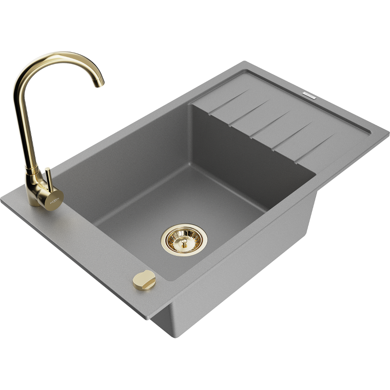 Mexen Elias fregadero de granito de 1 cubeta con escurridor y grifo de cocina Telma, gris - 6511-71-670200-50
