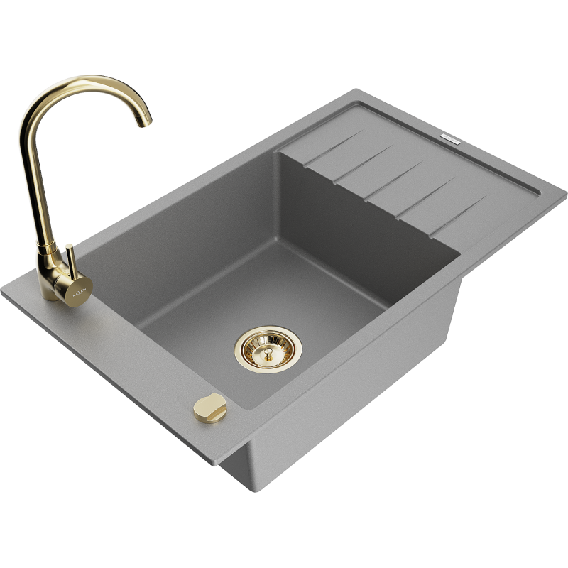 Mexen Elias granite sink 1-bowl with drainer and Telma kitchen tap, grey - 6511-71-670200-50