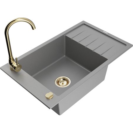 Mexen Elias 1-bowl granite sink with drainer and Telma kitchen faucet, gray - 6511-71-670200-50