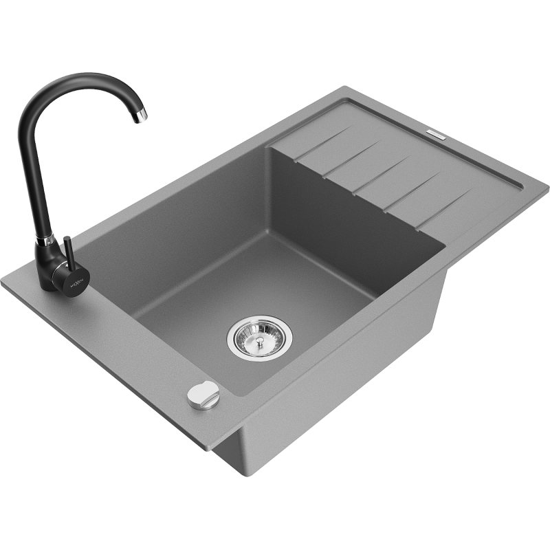 Mexen Elias fregadero de granito de 1 cubeta con escurridor y grifo de cocina Telma, gris - 6511-71-670200-70