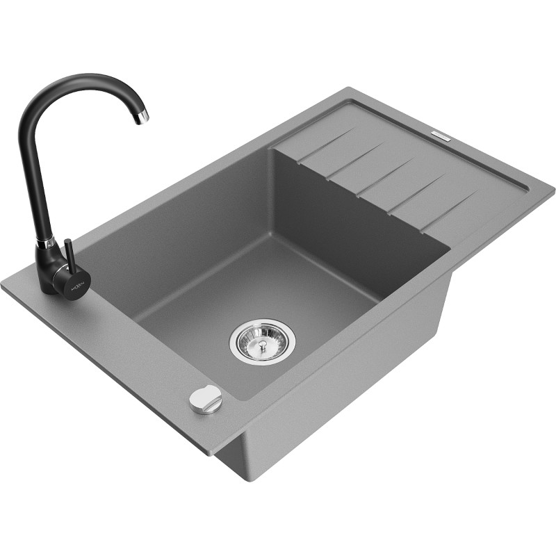 Mexen Elias fregadero de granito de 1 seno con escurridor y grifo de cocina Telma, gris - 6511-71-670200-70
