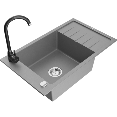 Mexen Elias granite sink 1-bowl with drainer and Telma kitchen tap, grey - 6511-71-670200-70