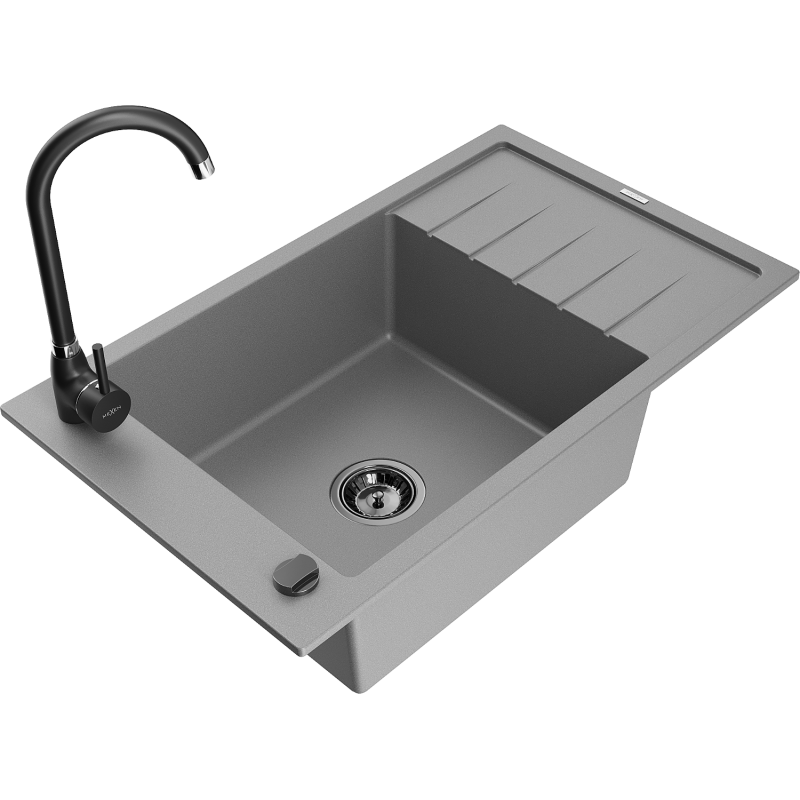 Mexen Elias granite sink 1-bowl with drainer and Telma kitchen faucet, grey - 6511-71-670200-70-B