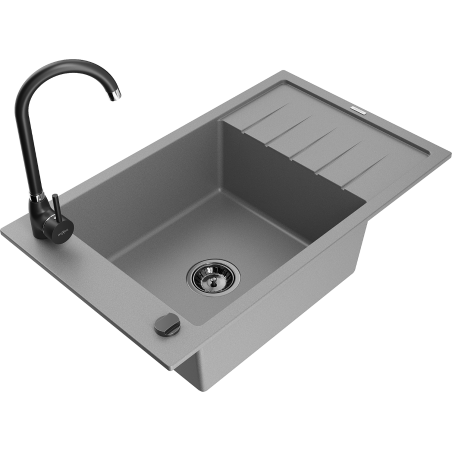 Mexen Elias granite sink 1-bowl with drainer and Telma kitchen faucet, grey - 6511-71-670200-70-B