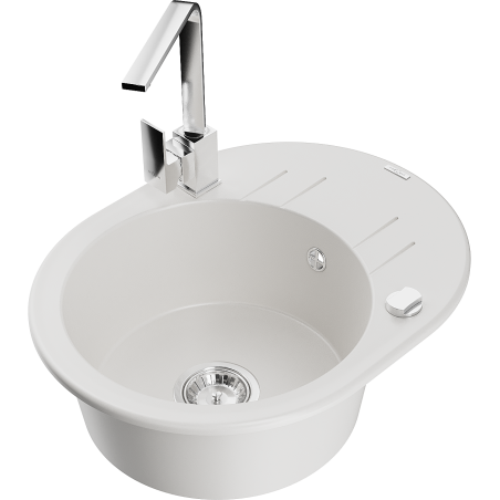 Mexen Kevin 1-bowl granite sink with drainer and Rita kitchen tap, white - 6517-20-670300-00