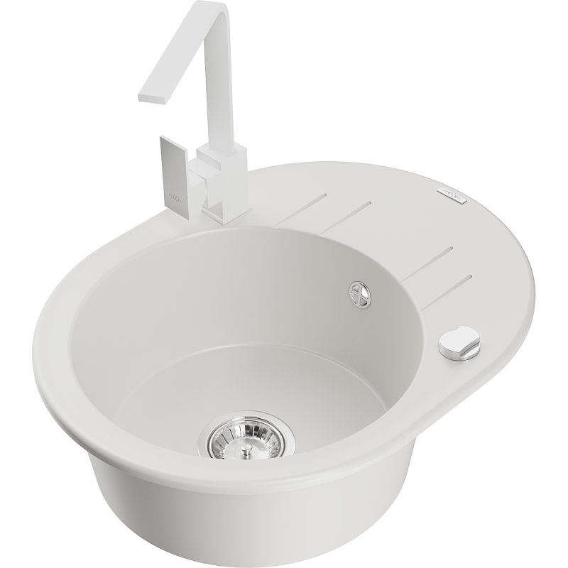 Mexen Kevin fregadero de granito de 1 cubeta con escurridor y grifo de cocina Rita, blanco - 6517-20-670300-20