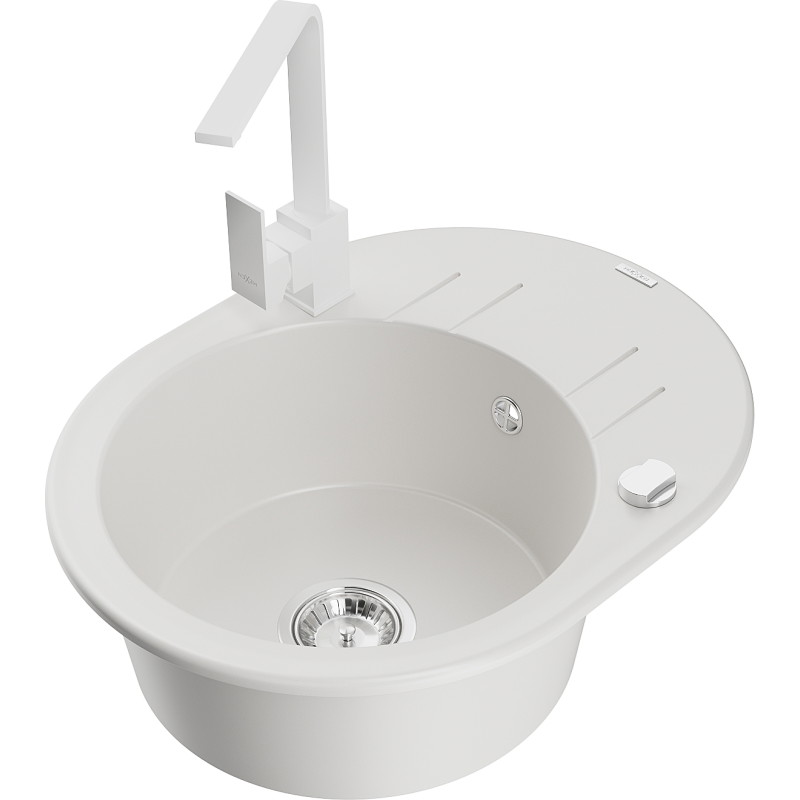 Mexen Kevin fregadero de granito de un seno con escurridor y grifo de cocina Rita, blanco - 6517-20-670300-20
