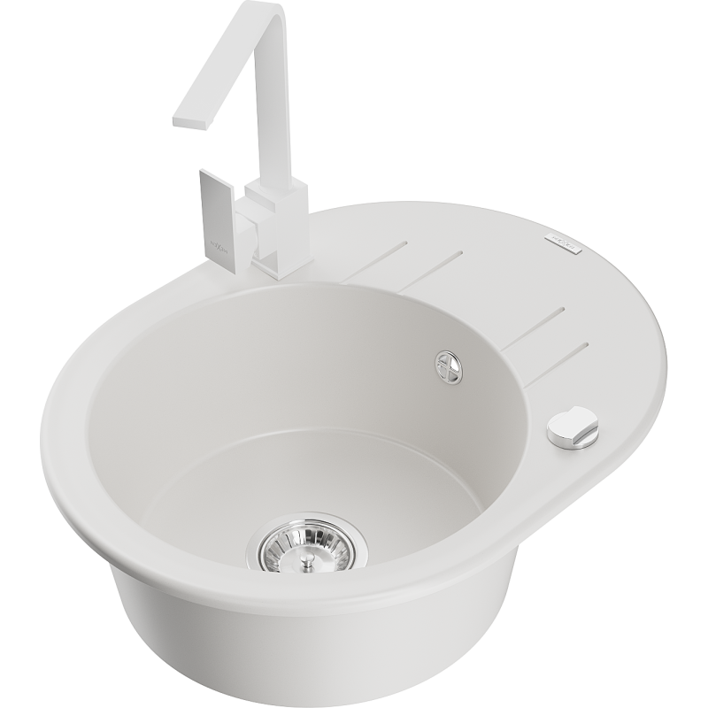 Mexen Kevin granite sink 1-bowl with drainer and Rita kitchen tap, white - 6517-20-670300-20