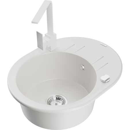 Mexen Kevin granite sink 1-bowl with drainer and Rita kitchen tap, white - 6517-20-670300-20