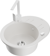 Mexen Kevin 1-bowl granite sink with drainer and Rita kitchen faucet, white - 6517-20-670300-20