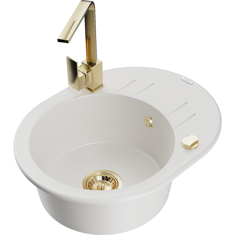 Mexen Kevin 1-bowl granite sink with drainer and Rita kitchen tap, white - 6517-20-670300-50