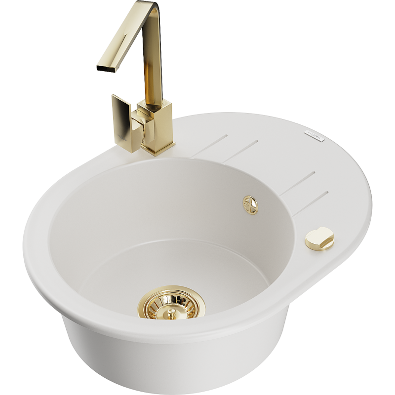 Mexen Kevin lavello in granito 1-vasca con scolapiatti e miscelatore cucina Rita, bianco - 6517-20-670300-50