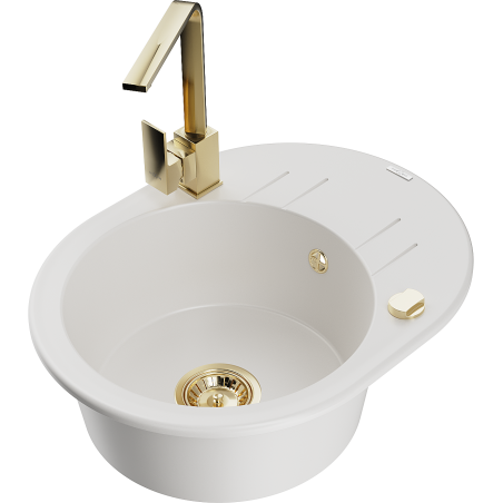 Mexen Kevin fregadero de granito de 1 cubeta con escurridor y grifo de cocina Rita, blanco - 6517-20-670300-50