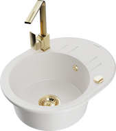 Mexen Kevin 1-bowl granite sink with drainer and Rita kitchen tap, white - 6517-20-670300-50