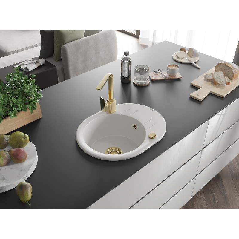 Mexen Kevin fregadero de granito de 1 seno con escurridor y grifo de cocina Rita, blanco - 6517-20-670300-50