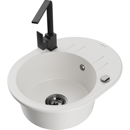 Mexen Kevin 1-komorige granieten gootsteen met afdruiprek en Rita keukenkraan, wit - 6517-20-670300-70