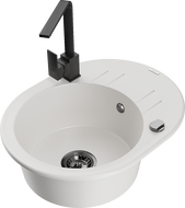 Mexen Kevin granite kitchen sink 1-bowl with drainer and Rita kitchen tap, white - 6517-20-670300-70