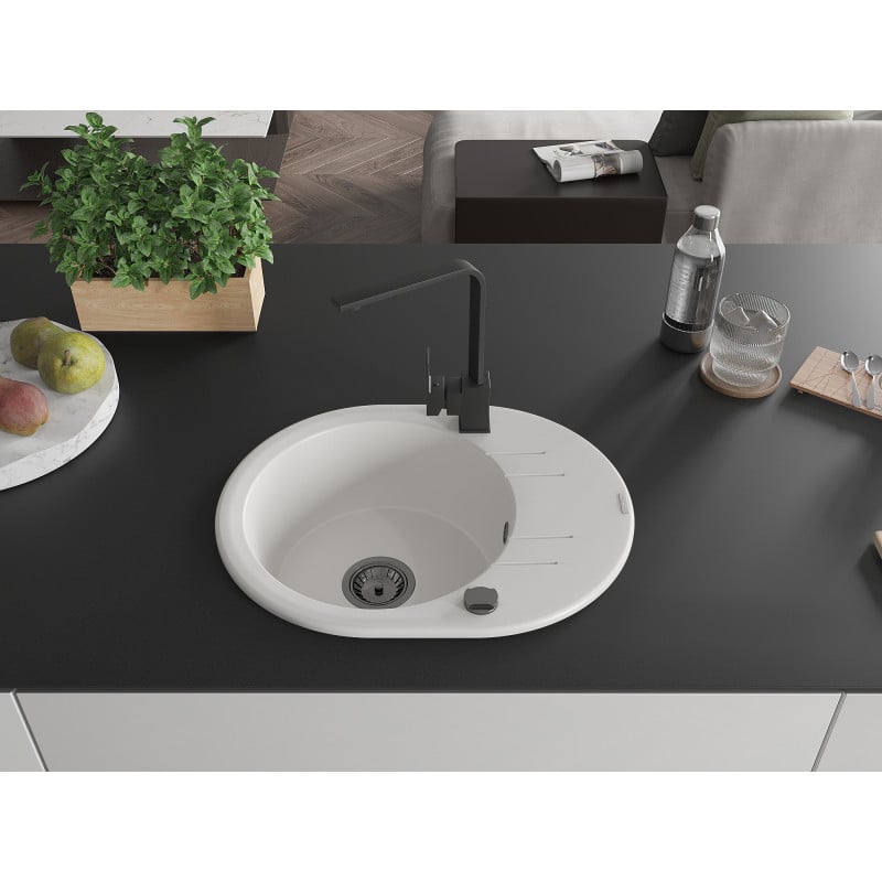 Mexen Kevin 1-komorige granieten gootsteen met afdruiprek en Rita keukenkraan, wit - 6517-20-670300-70