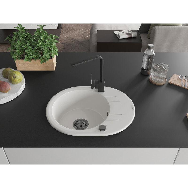 Mexen Kevin fregadero de granito de 1 cubeta con escurridor y grifo de cocina Rita, blanco - 6517-20-670300-70