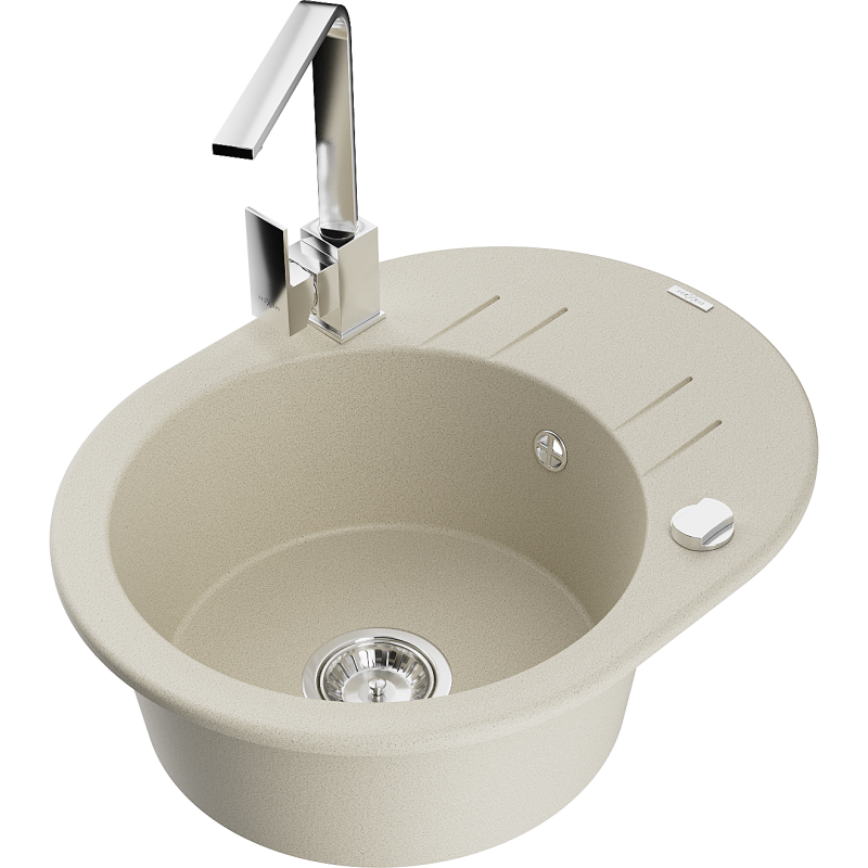 Mexen Kevin 1-basin granite kitchen sink with drainer and Rita kitchen tap, beige - 6517-69-670300-00