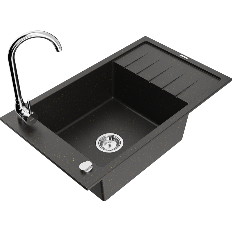 Mexen Elias 1-bowl granite sink with drainer and Telma kitchen tap, black/gold - 6511-75-670200-00