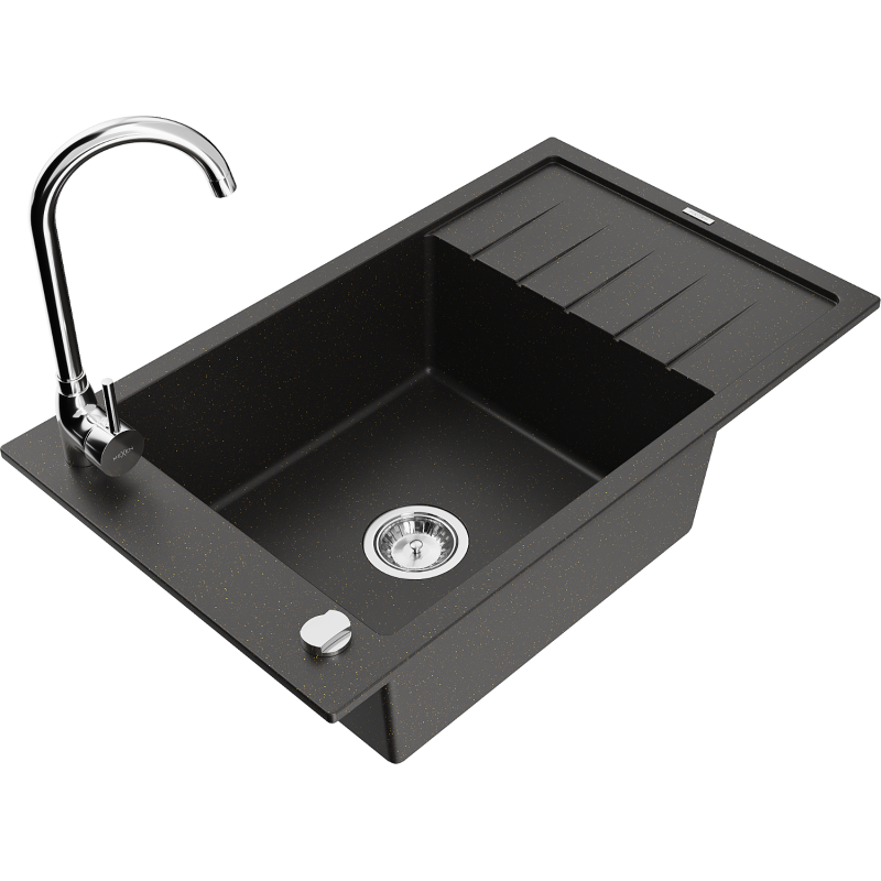 Mexen Elias fregadero de granito 1 cubeta con escurridor y grifo de cocina Telma, negro/oro - 6511-75-670200-00