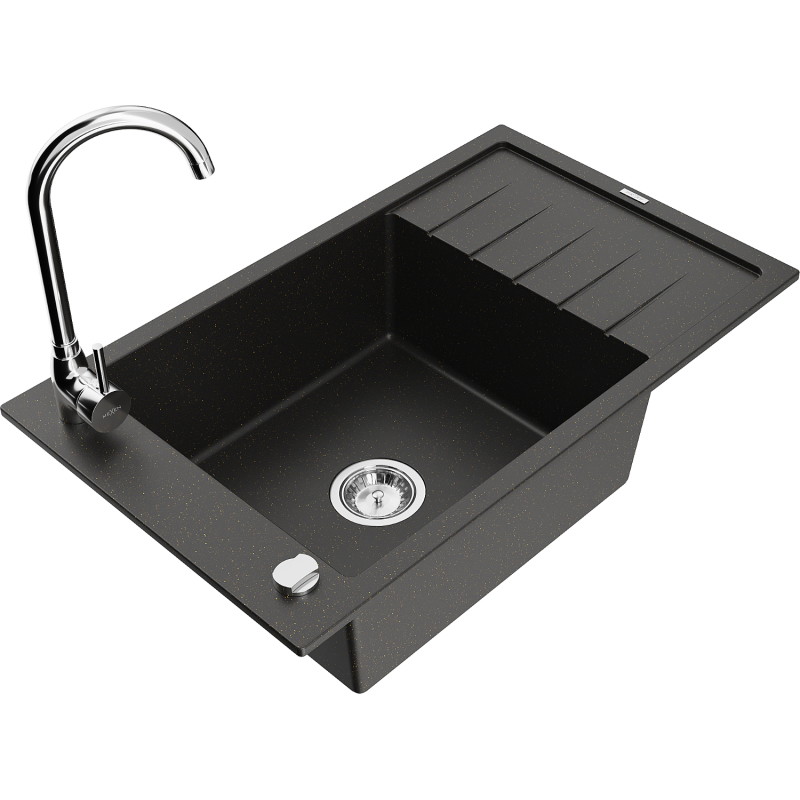 Mexen Elias fregadero de granito de 1 compartimento con escurridor y grifo de cocina Telma, negro/dorado - 6511-75-670200-00