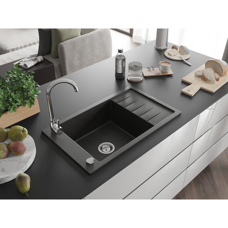 Mexen Elias 1-bowl granite sink with drainer and Telma kitchen tap, black/gold - 6511-75-670200-00