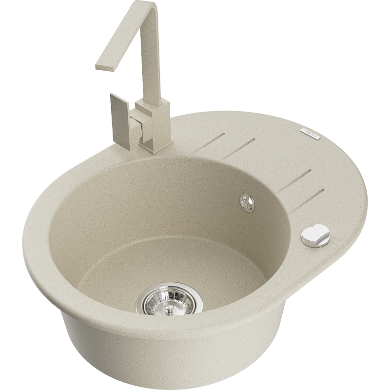 Mexen Kevin 1-bowl granite kitchen sink with drainer and Rita kitchen tap, beige - 6517-69-670300-69