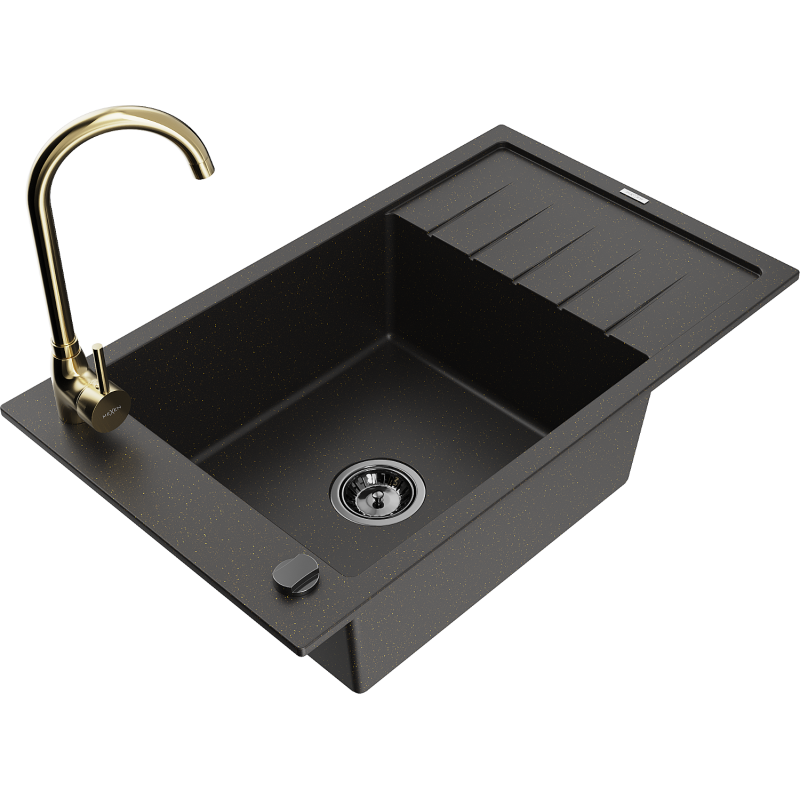 Mexen Elias granite sink 1-bowl with drainer and Telma kitchen tap, black/gold - 6511-75-670200-50-B