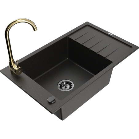 Mexen Elias granite kitchen sink 1-bowl with drainer and Telma kitchen faucet, black/gold - 6511-75-670200-50-B